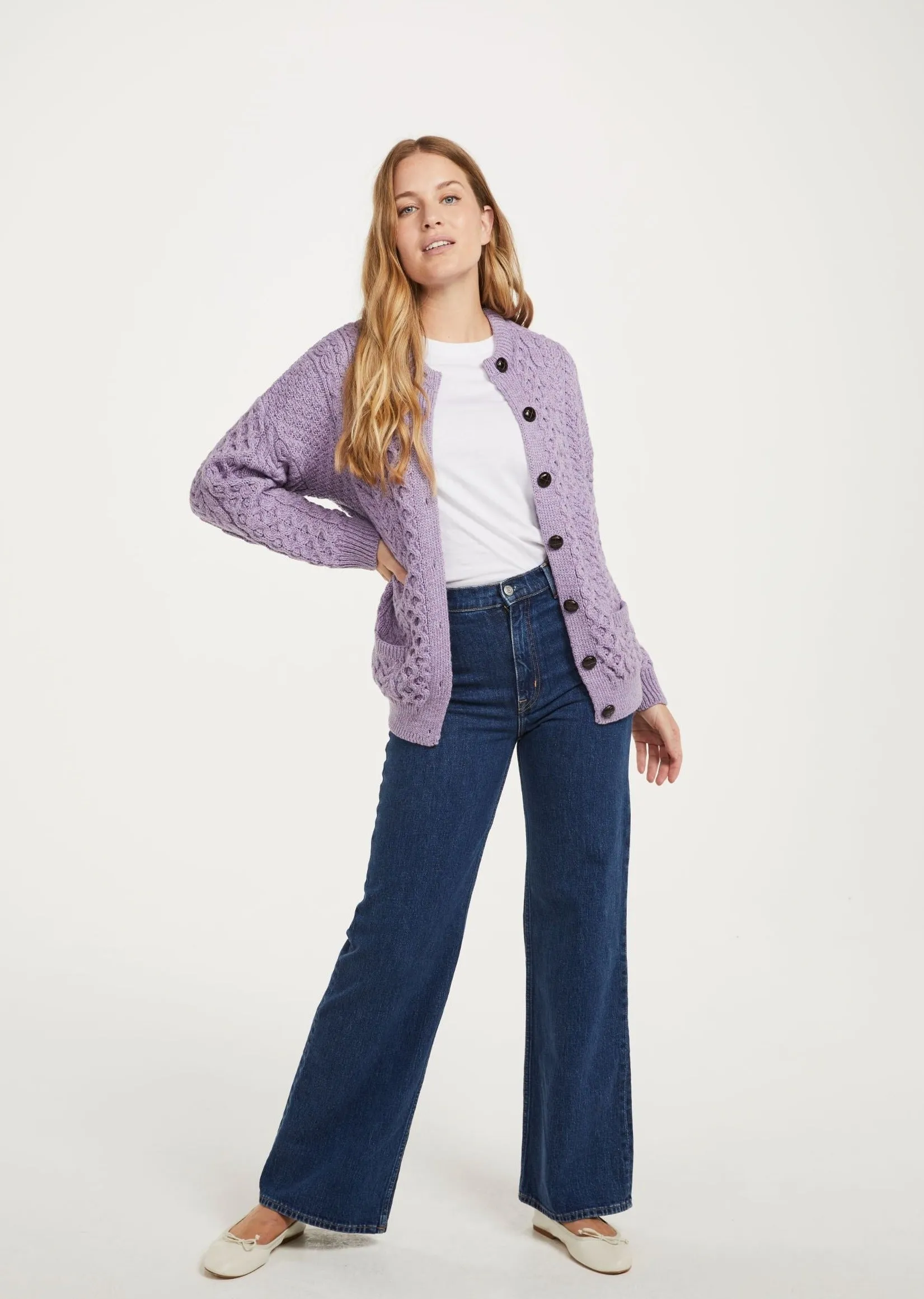 Achill Island Ladies Aran Cardigan | Lavender