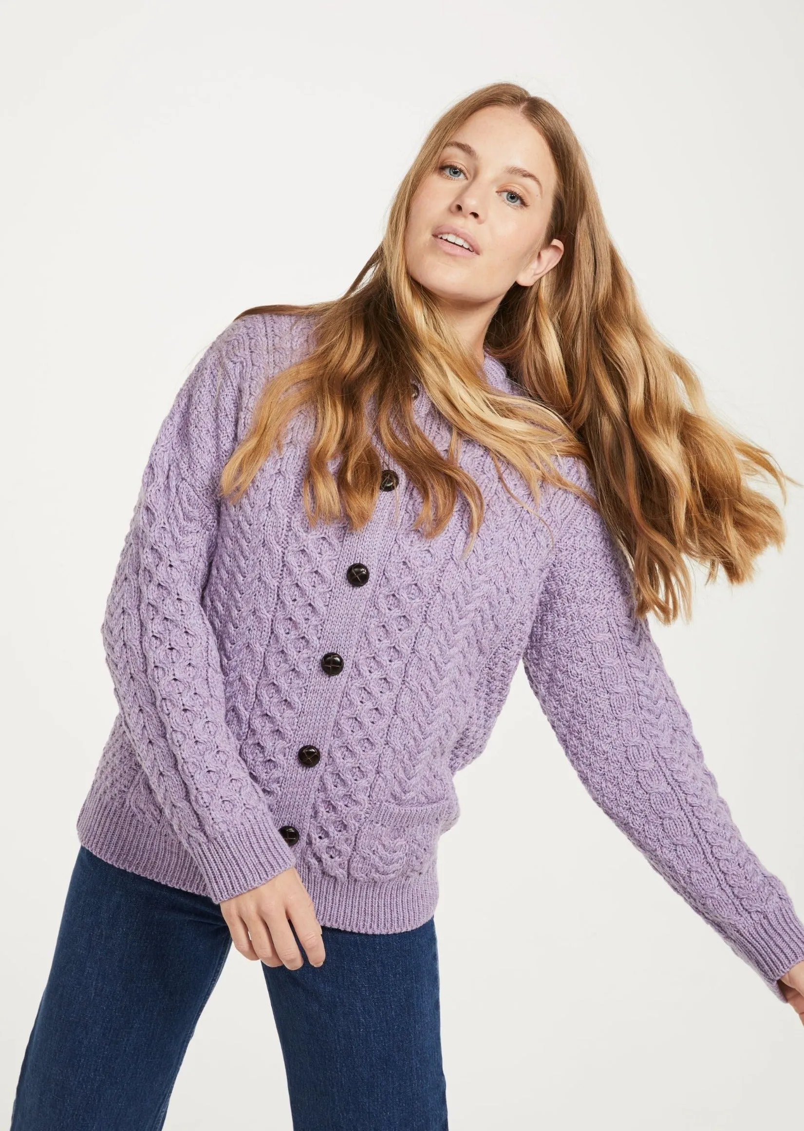 Achill Island Ladies Aran Cardigan | Lavender