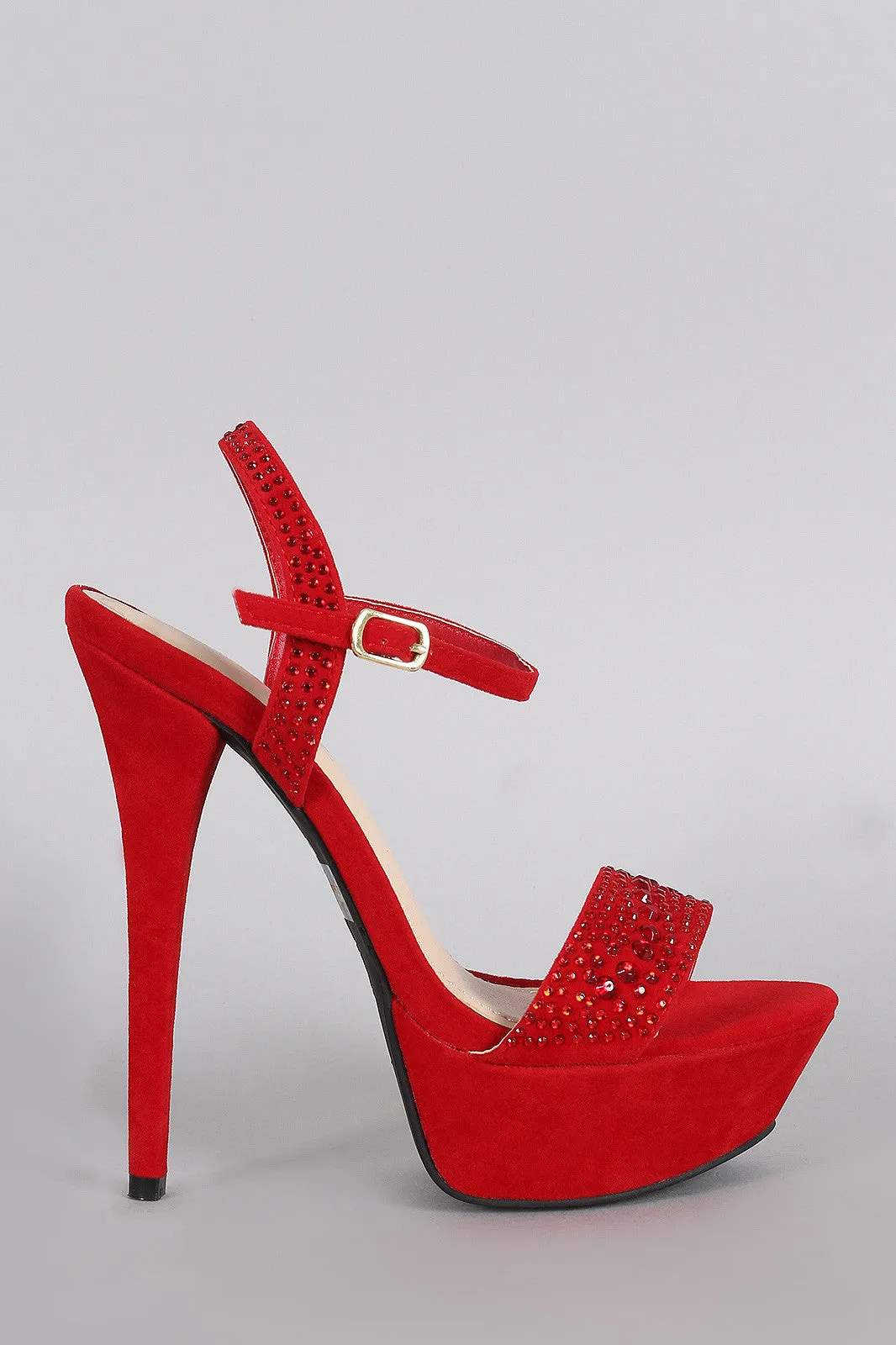 Anne Michelle Rhinestone Suede Ankle Strap Platform Heel