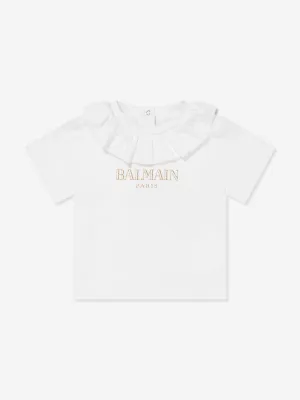 Balmain Baby Girls Frilly Collar Logo T-Shirt in White