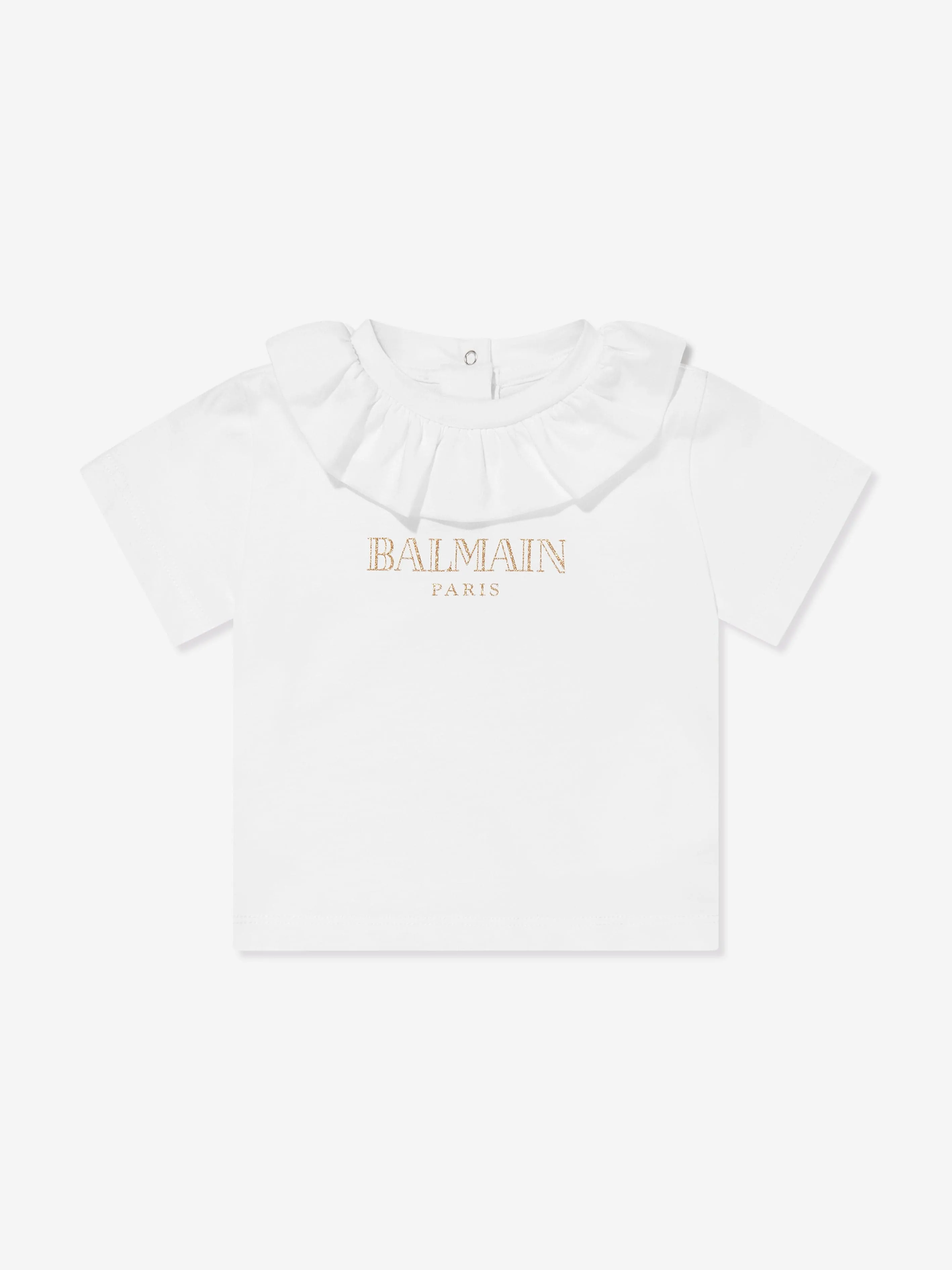 Balmain Baby Girls Frilly Collar Logo T-Shirt in White