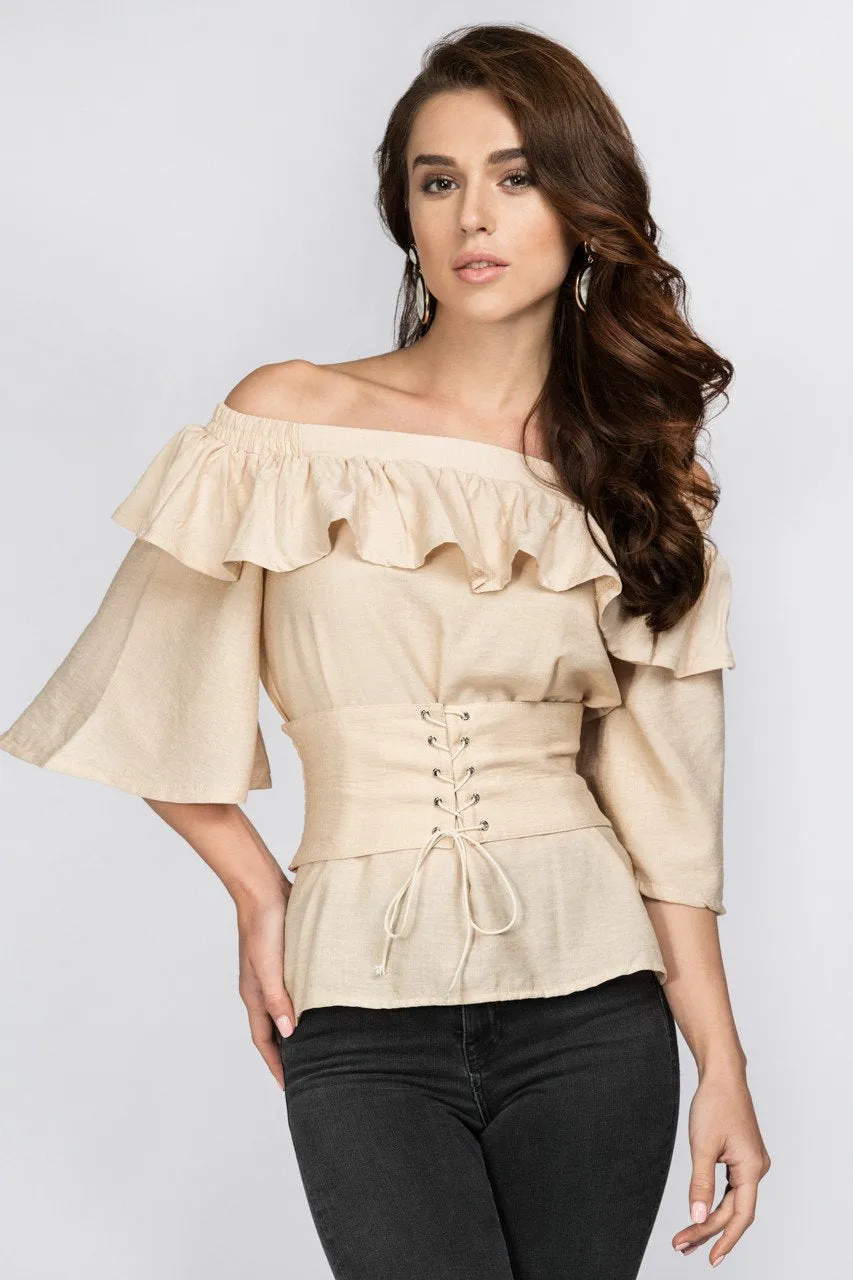 Beige Ruffled Off the Shoulder Corset Top