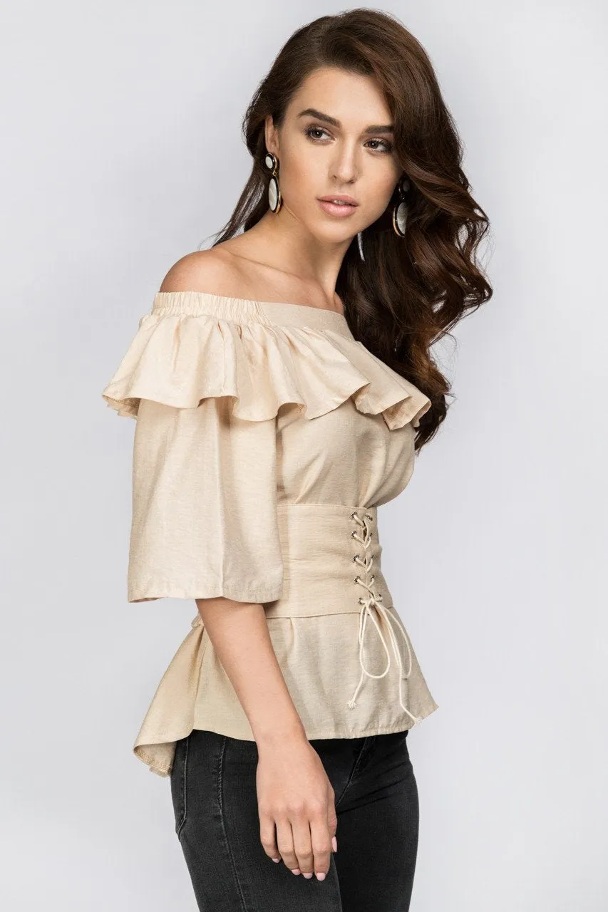 Beige Ruffled Off the Shoulder Corset Top