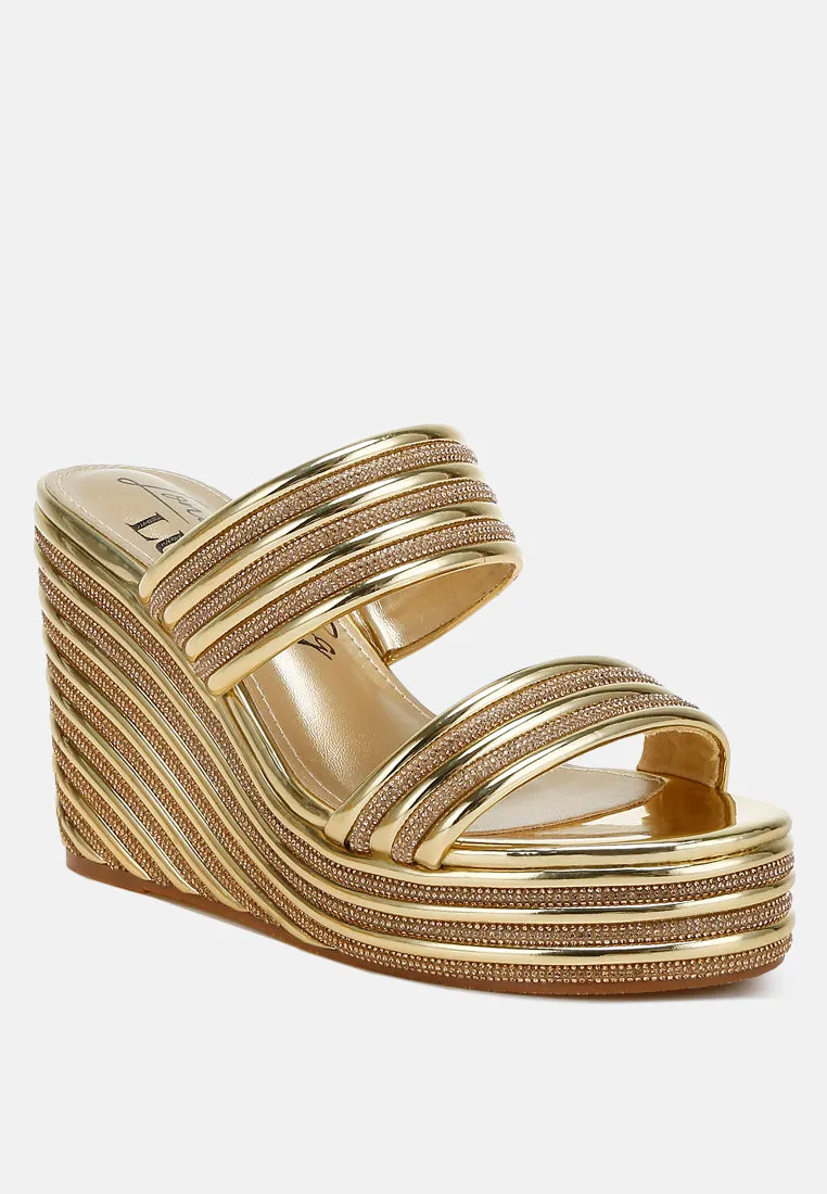 Benched Metallic Faux Leather Wedge Sandals