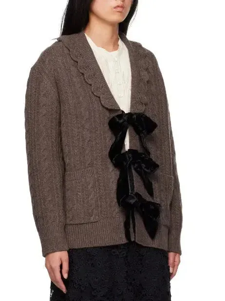 Brown Wool Cardigan with Velvet Bow Tie Closure