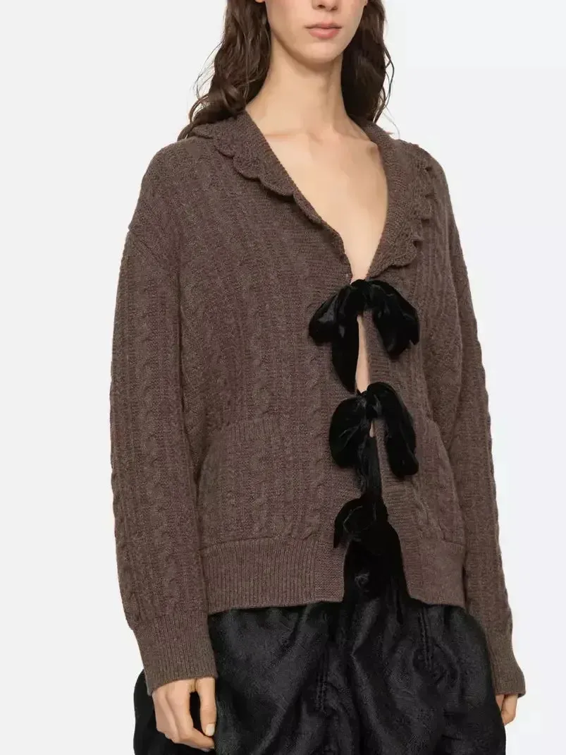 Brown Wool Cardigan with Velvet Bow Tie Closure