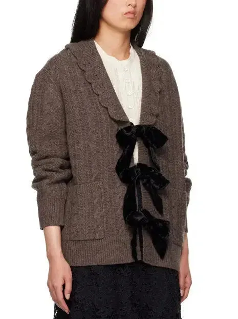 Brown Wool Cardigan with Velvet Bow Tie Closure