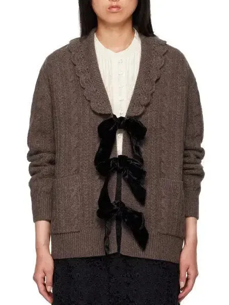 Brown Wool Cardigan with Velvet Bow Tie Closure