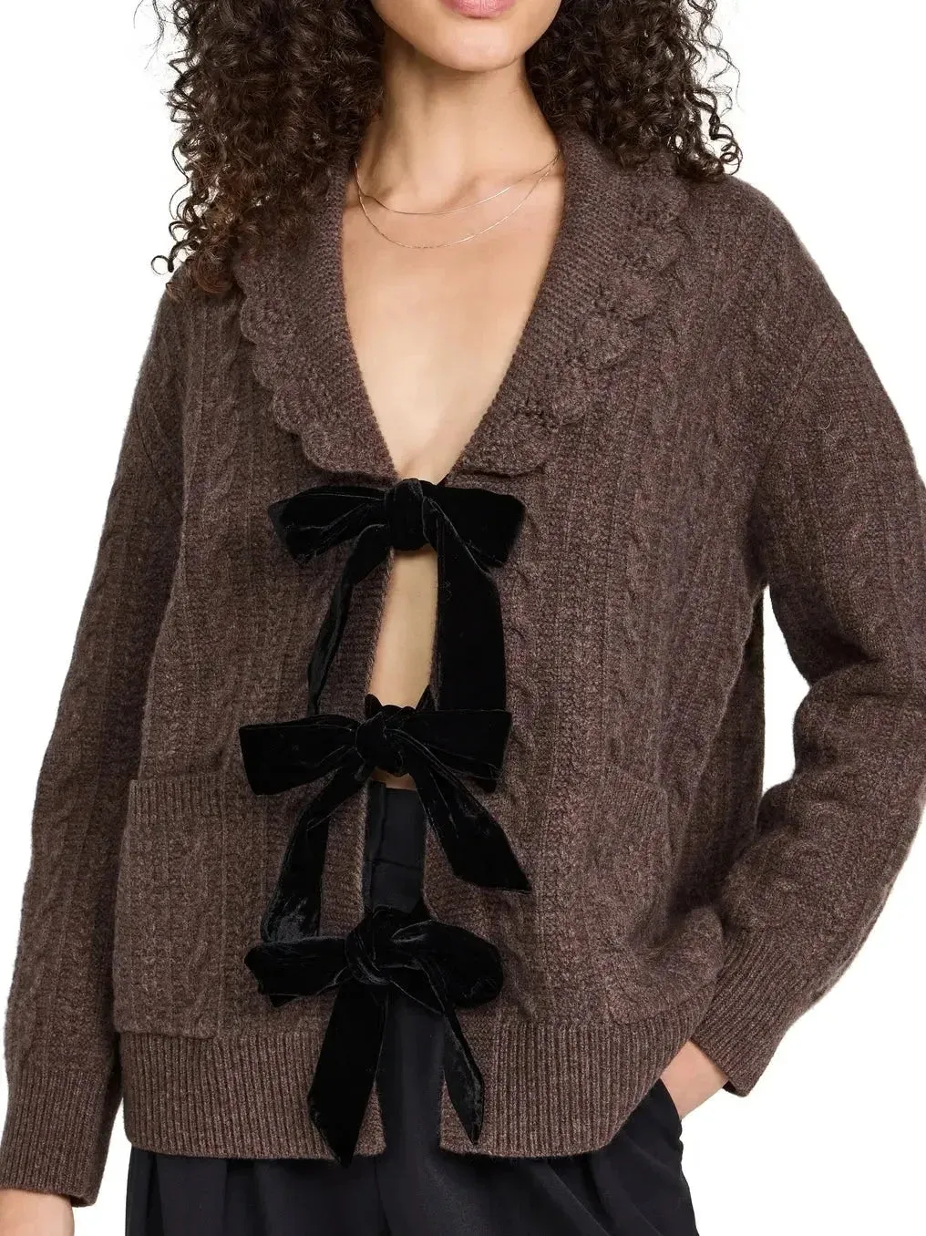 Brown Wool Cardigan with Velvet Bow Tie Closure