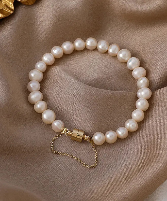 Classy Milky White Stainless Steel Pearl Beads Chain Bracelet ET017