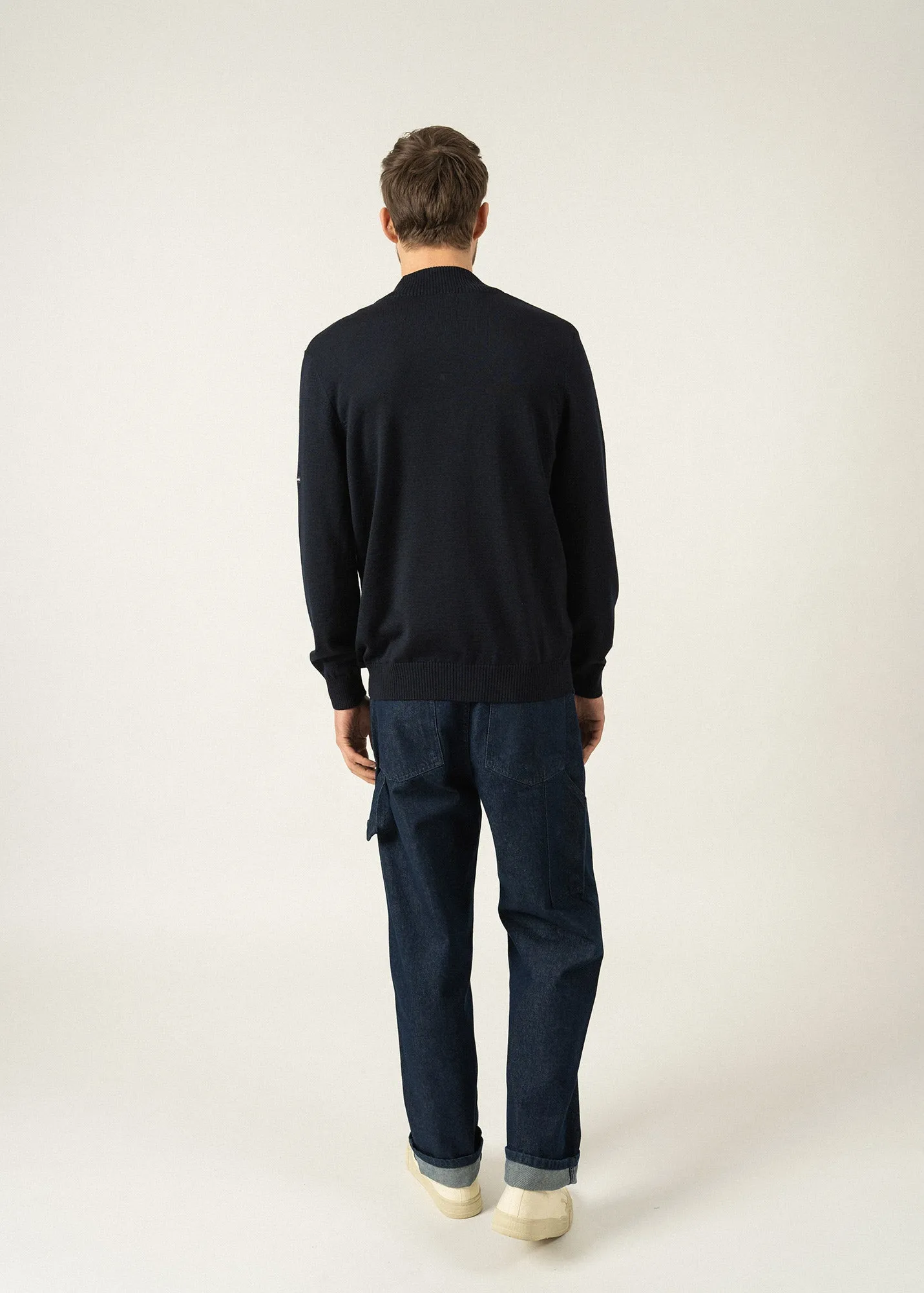 Colorado zipped cardigan - high-necked, in merino wool (VEGETAL/NAVY)