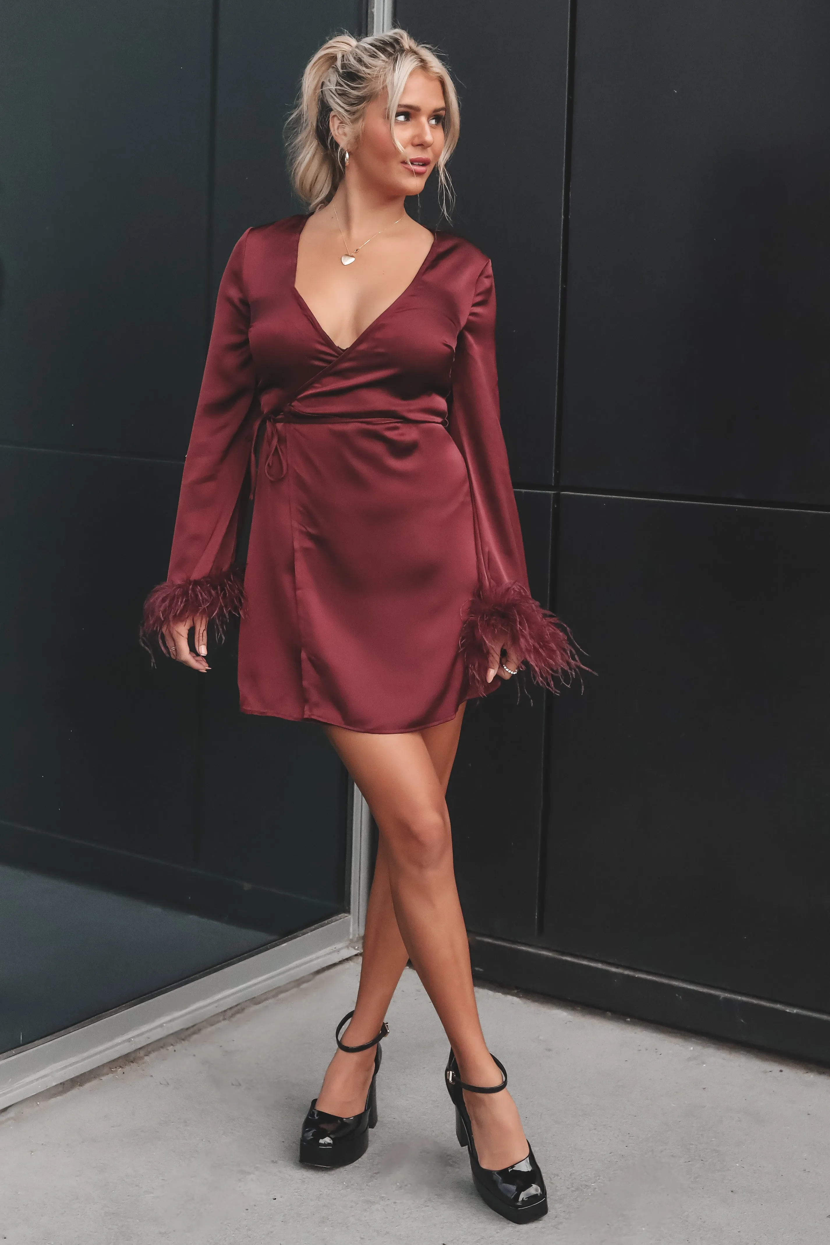 DEAL Ruffled Feathers Burgundy Satin Wrap Dress