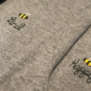 DTD Long Sleeve Heather Grey Cashmere Sweater with Hand Embroidered Bee Happy/Kind/Grateful