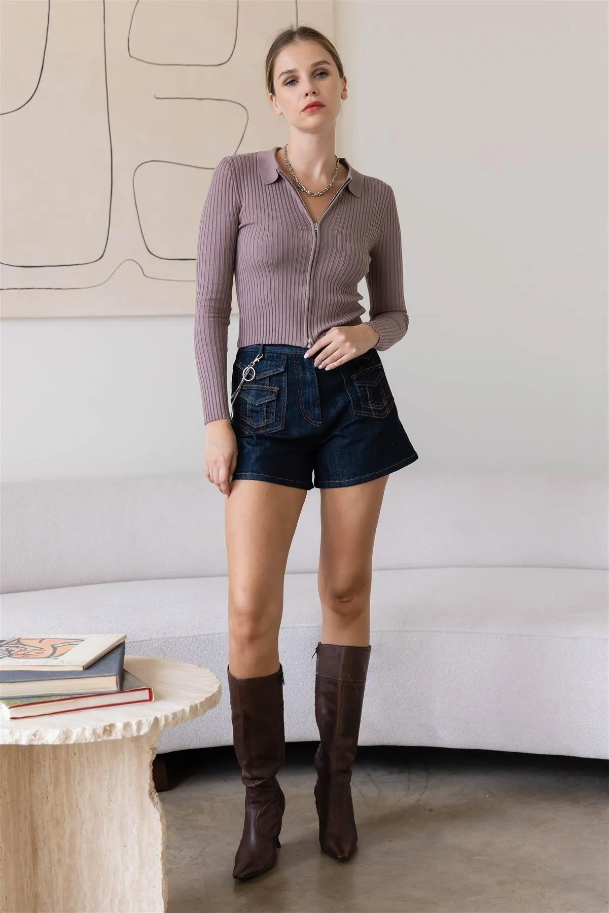 Dusk Mauve Ribbed Zip-Up Collared Long Sleeve Sweaters /2-2-2