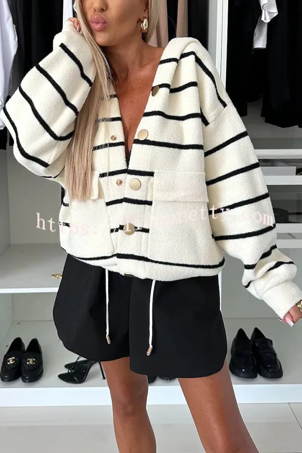 Fashion and Comfort Knit Striped Button Up Pocketed Loose Hooded Cardigan