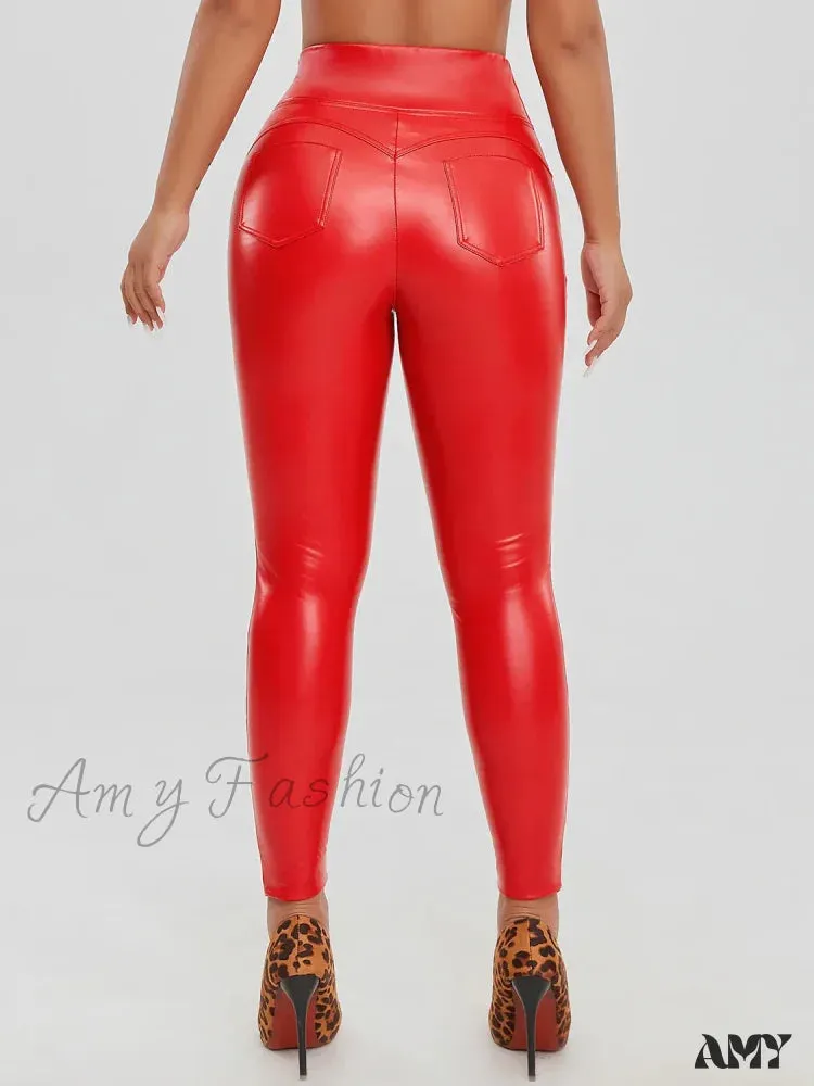 Fashion Faux Leather Skinny PU Leather High Waist Sexy Stretchy Warm Trousers Female Leggings