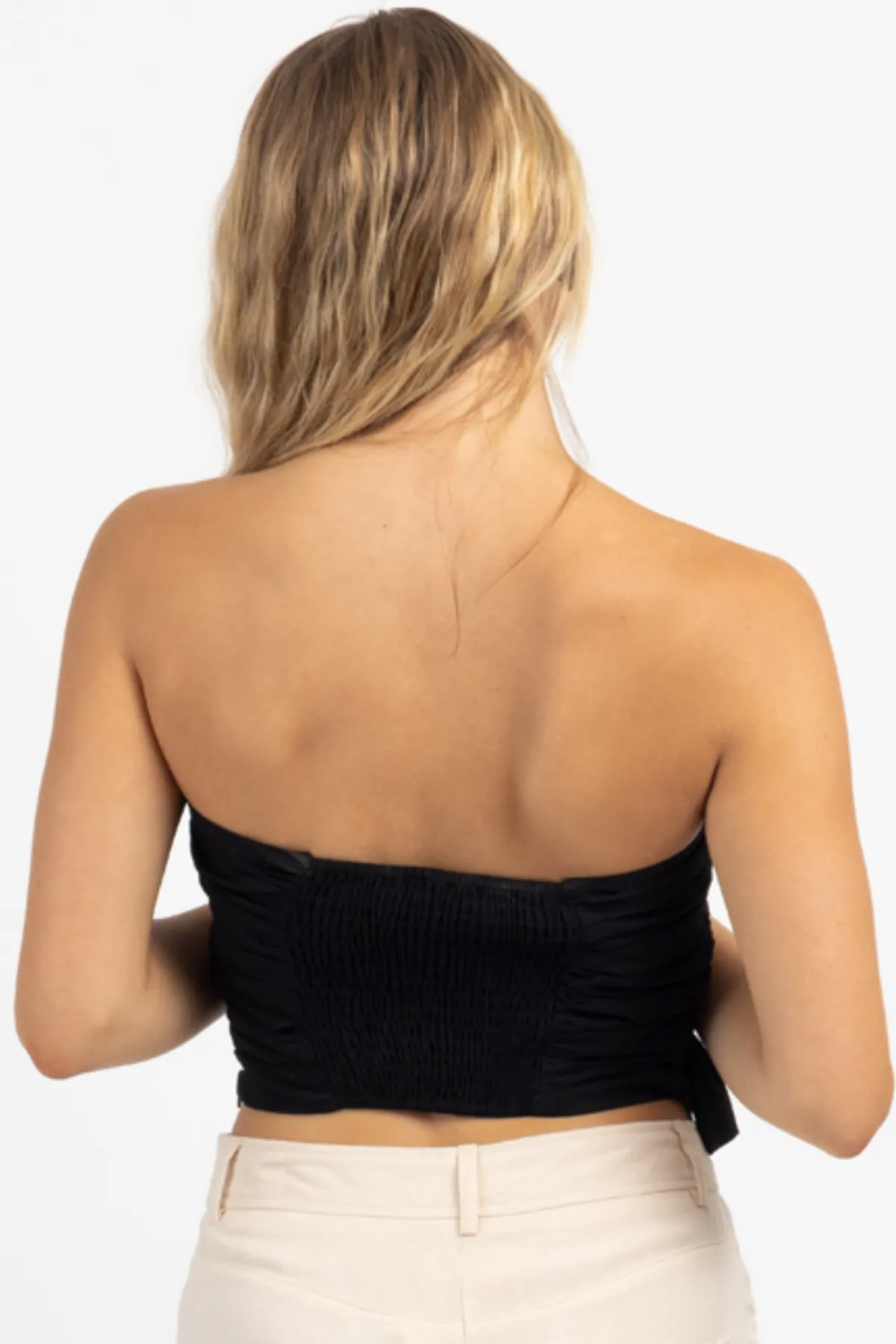 FLIRTY ONYX RUFFLED TUBE TOP