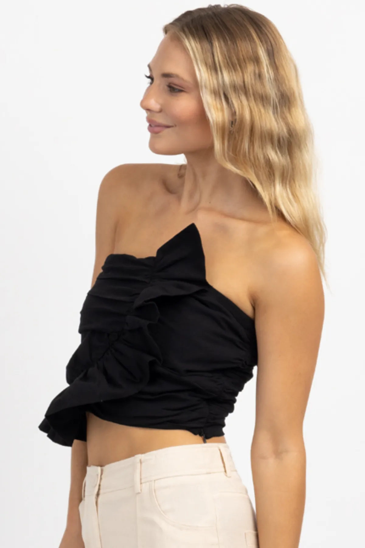 FLIRTY ONYX RUFFLED TUBE TOP