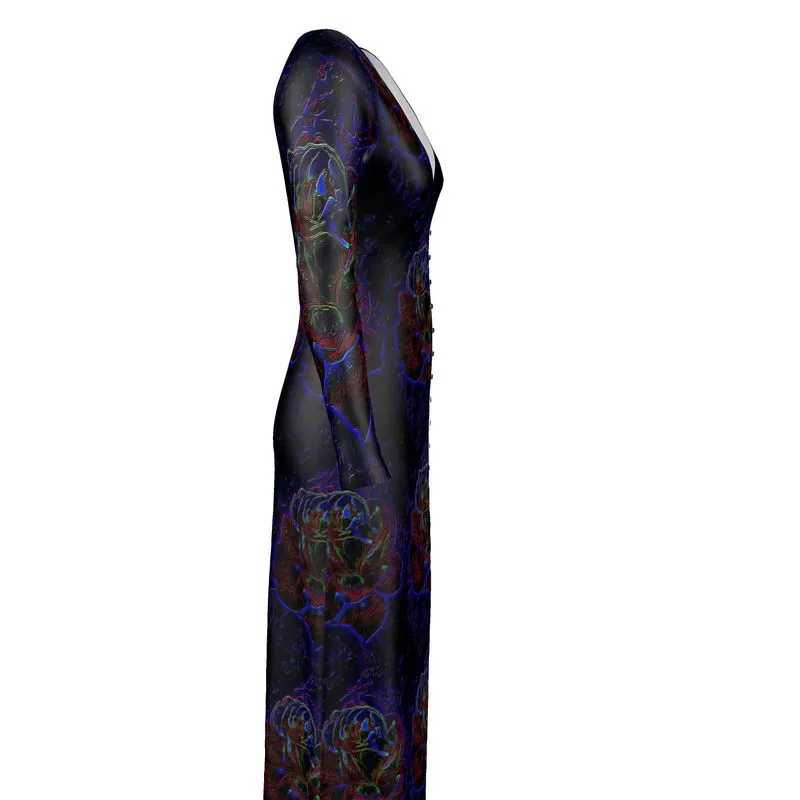 Floral Embosses: Roses 01 Patterned Designer V-neck Cardigan Maxi Dress