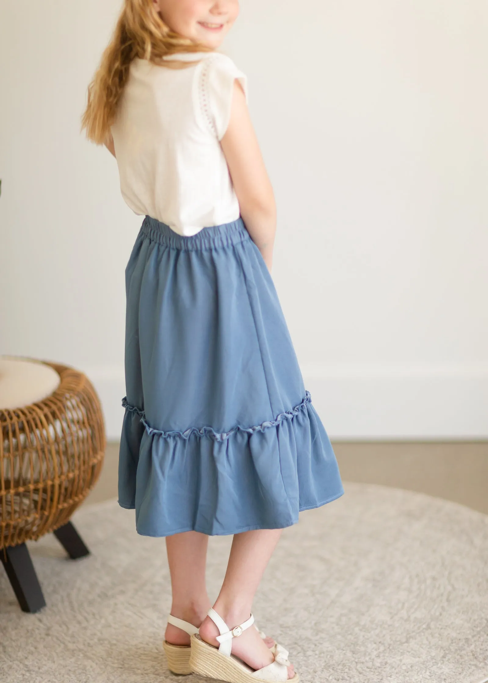 Girls Dusty Denim Ruffle Midi Skirt