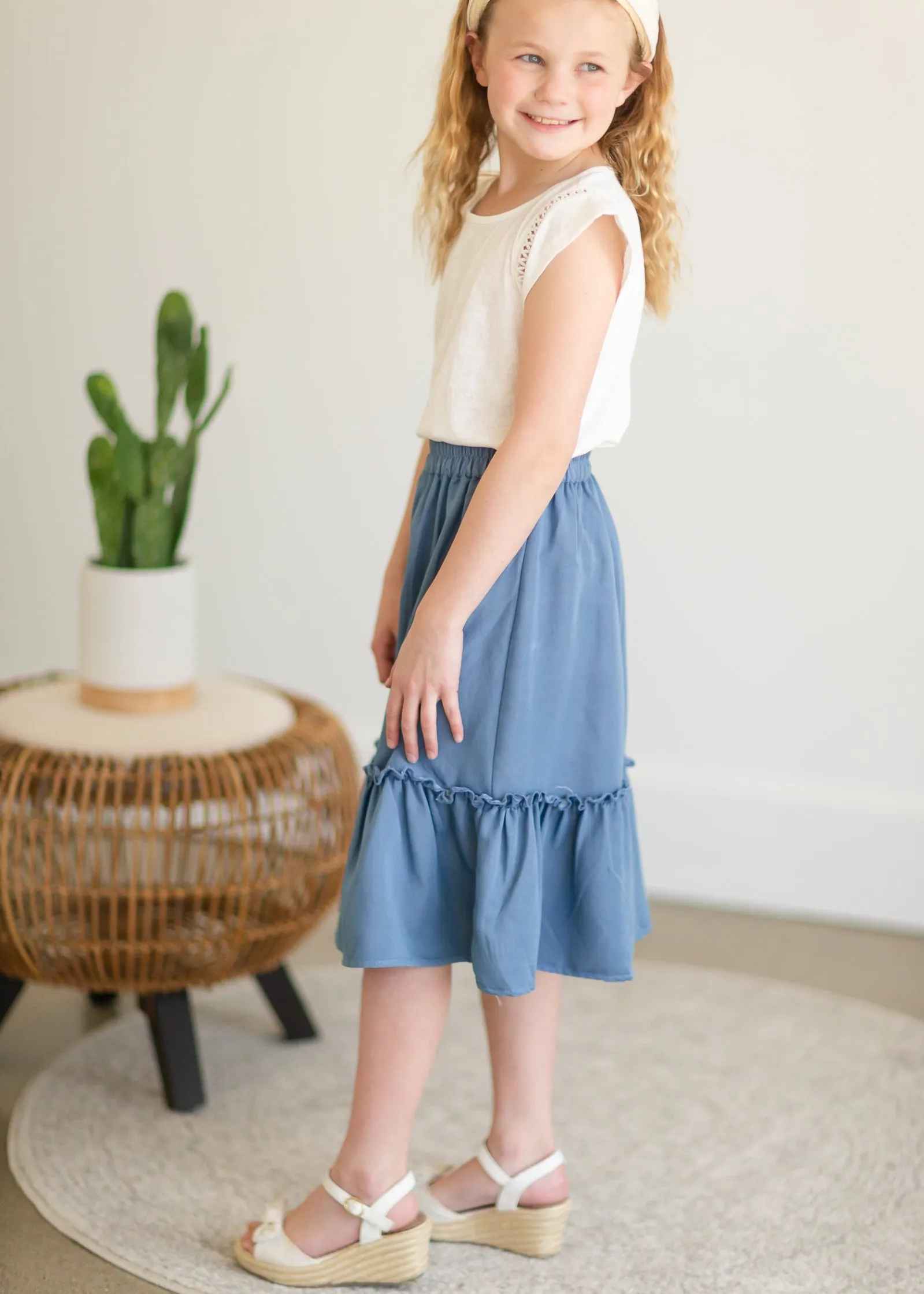 Girls Dusty Denim Ruffle Midi Skirt