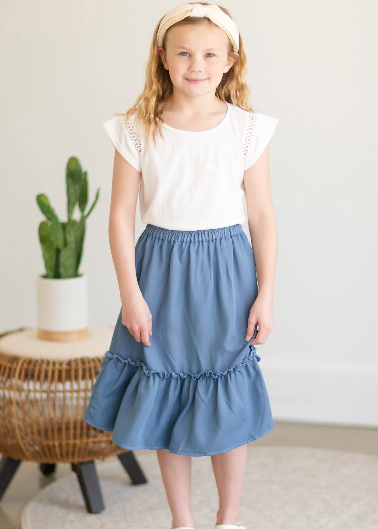 Girls Dusty Denim Ruffle Midi Skirt