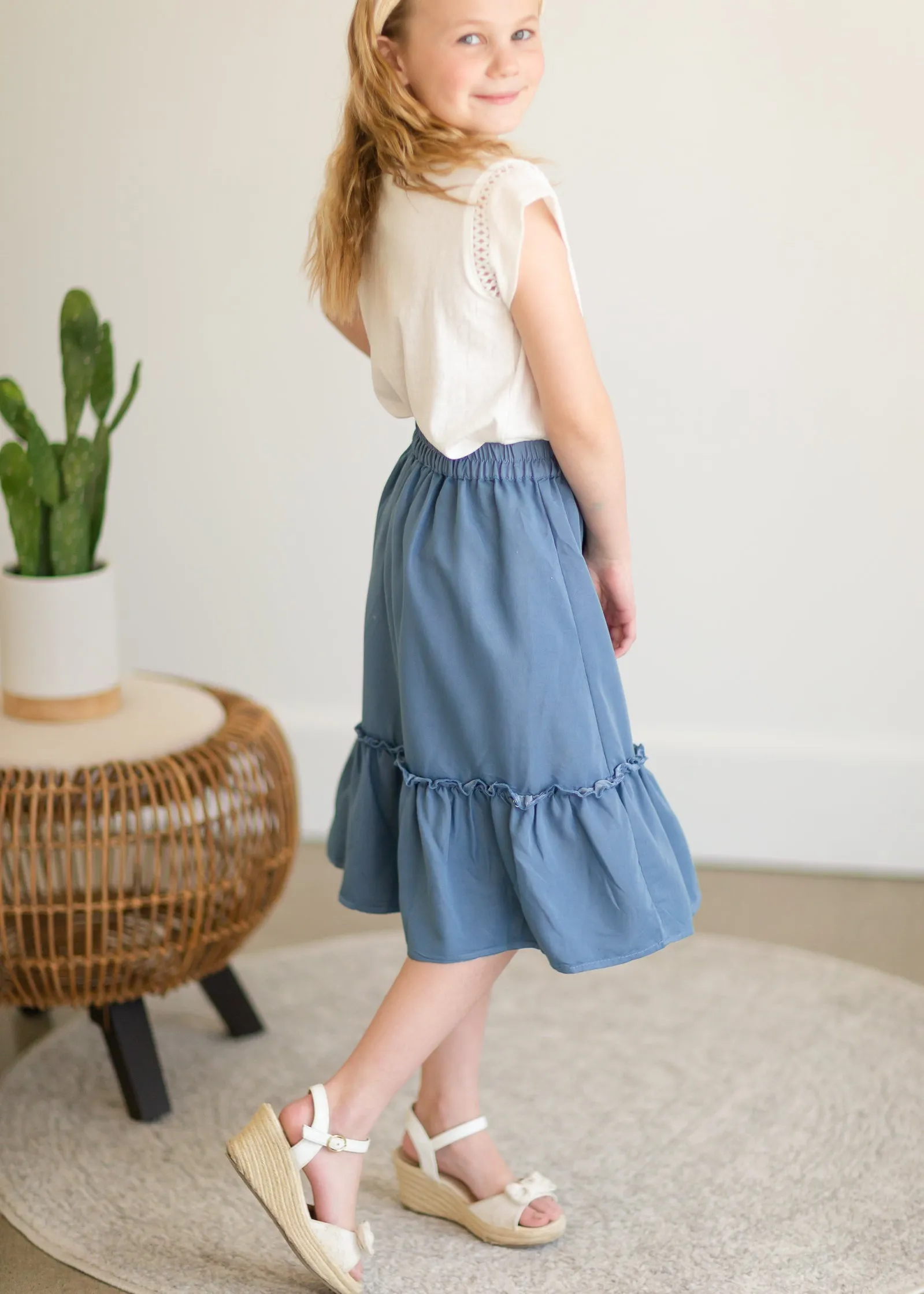 Girls Dusty Denim Ruffle Midi Skirt