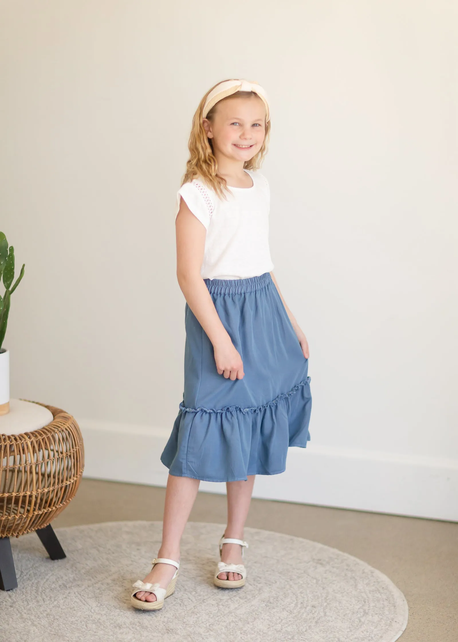 Girls Dusty Denim Ruffle Midi Skirt