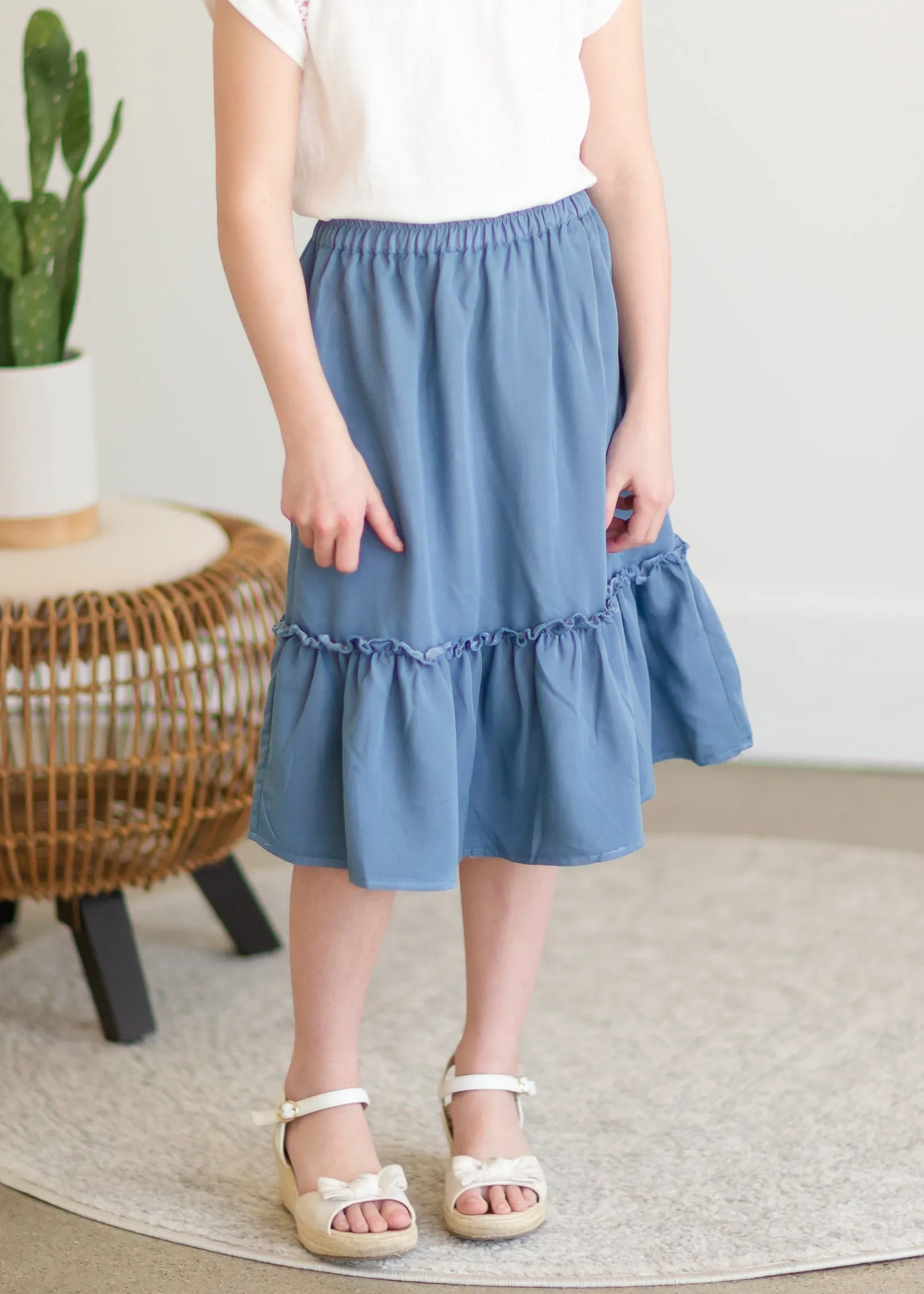 Girls Dusty Denim Ruffle Midi Skirt