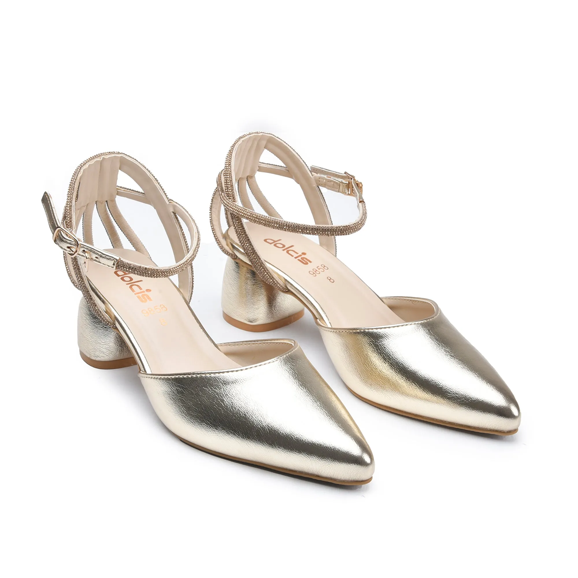 Glamorous Gold Ankle Strap Block Heel Pumps | 403N-X Dolcis