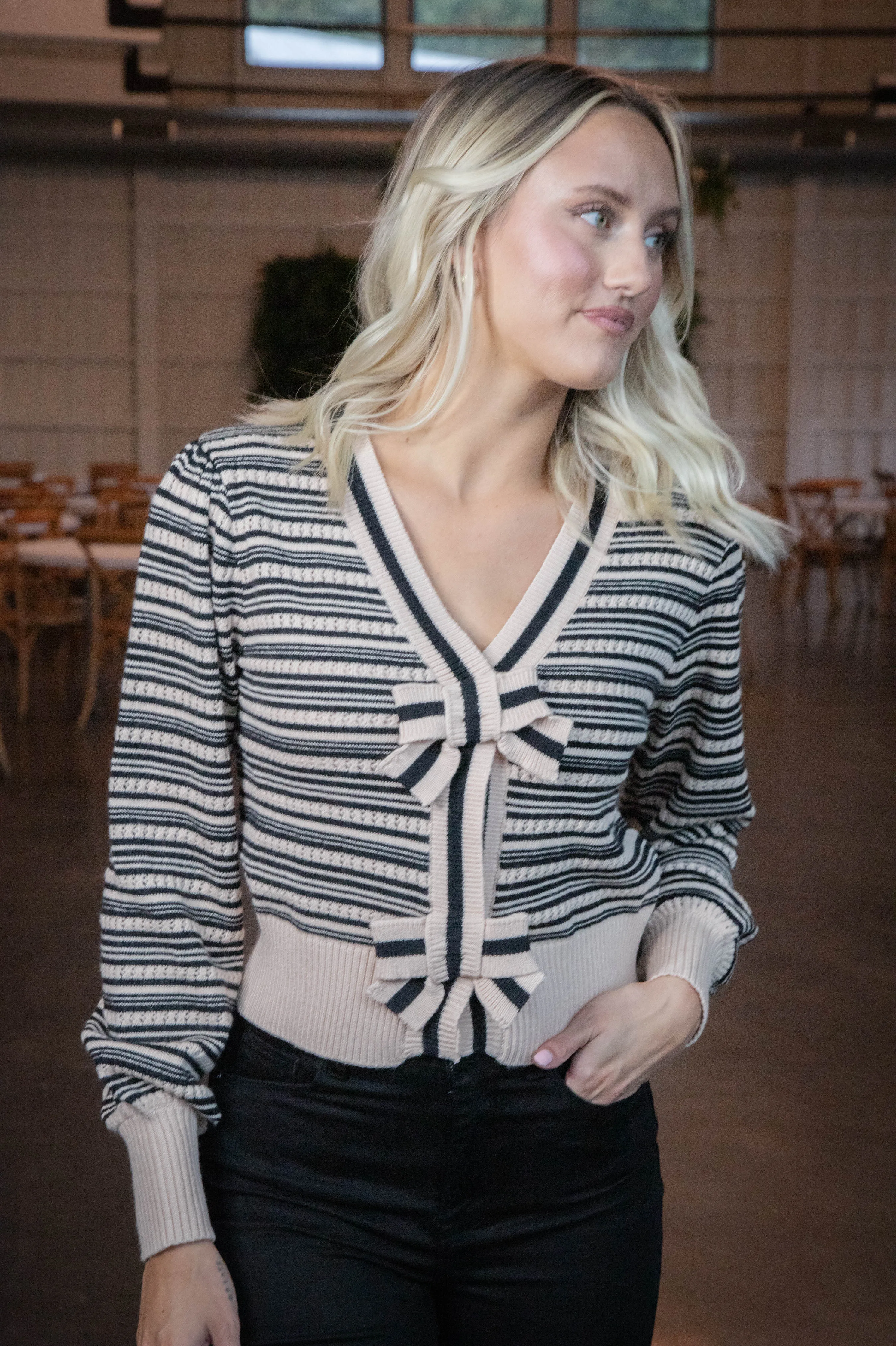 Gracelynn Striped Bow Front Cardigan, Black