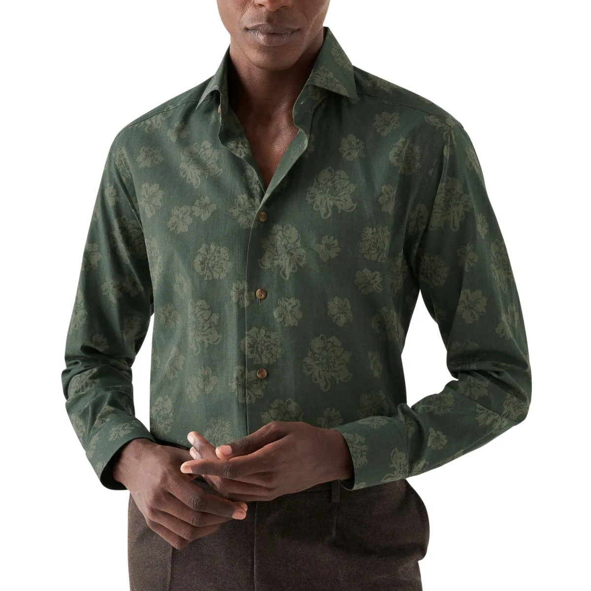 Green Floral Print Contemporary Fit Flannel Shirt