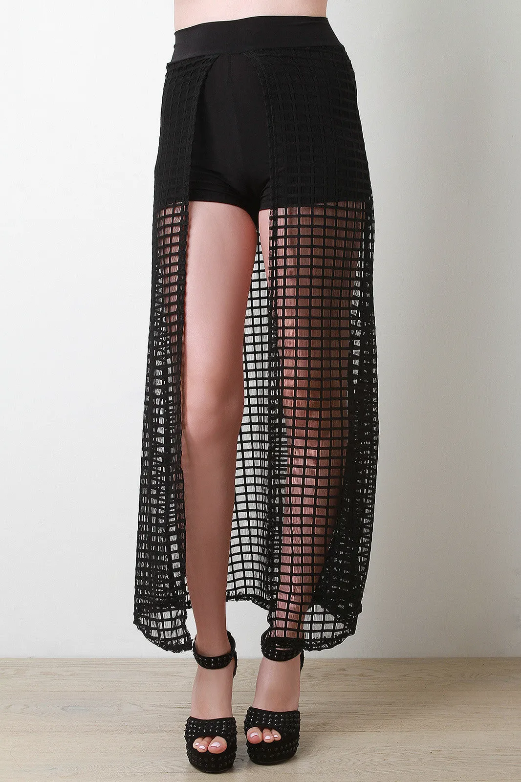 Grid Mesh Open Front Maxi Skirt