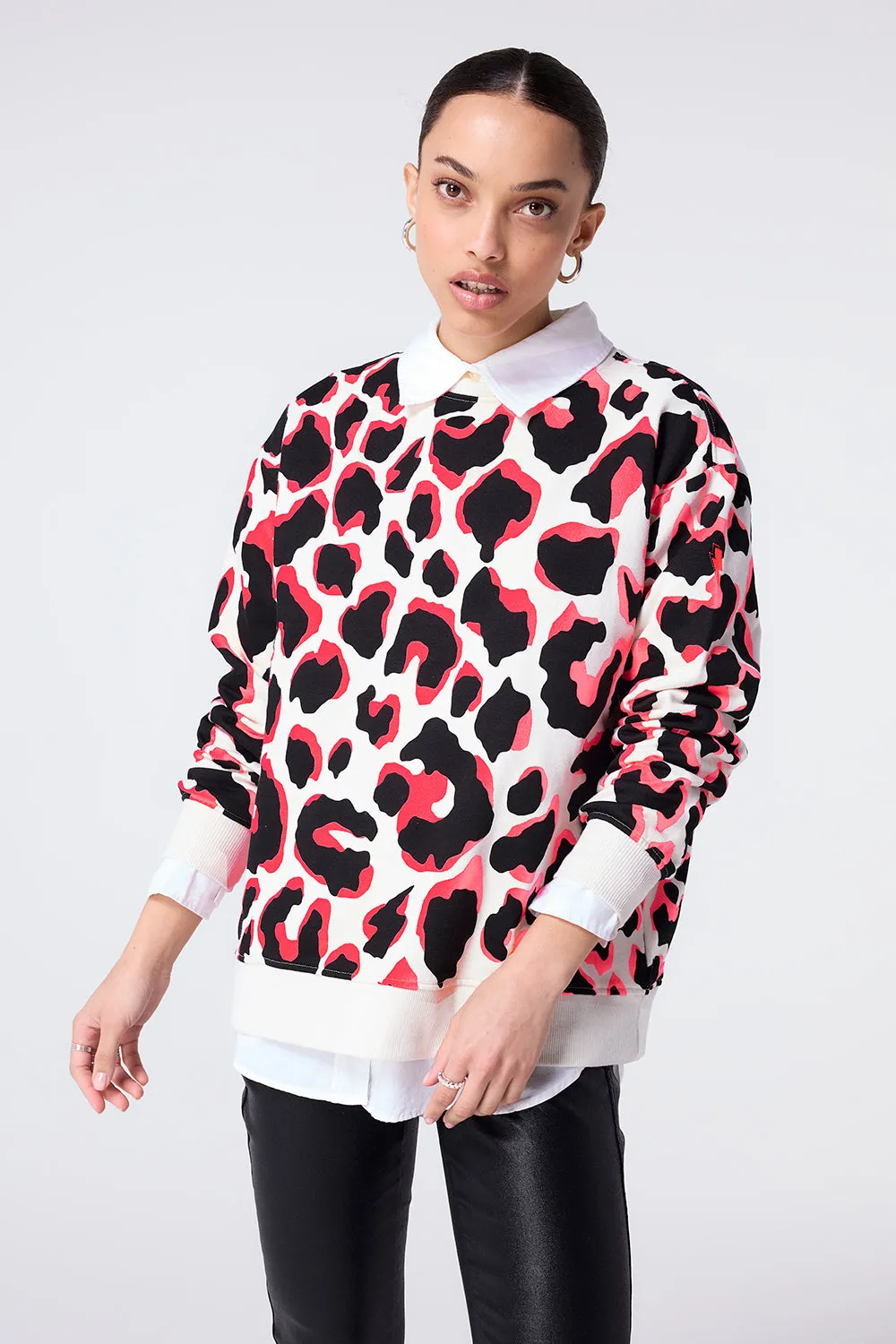 Ivory with Neon Coral and Black Mega Shadow Leopard Oversized Sweatshirt