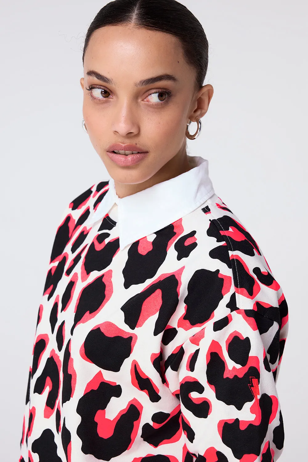 Ivory with Neon Coral and Black Mega Shadow Leopard Oversized Sweatshirt