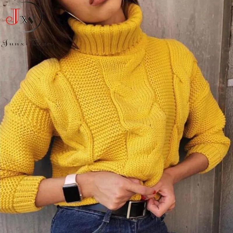 Joskaa Autumn Winter Short Sweater Women Knitted Turtleneck Pullovers Casual Soft Jumper Fashion Long Sleeve Pull Femme