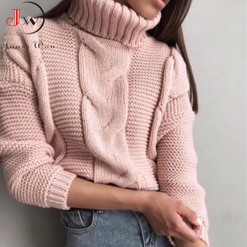 Joskaa Autumn Winter Short Sweater Women Knitted Turtleneck Pullovers Casual Soft Jumper Fashion Long Sleeve Pull Femme