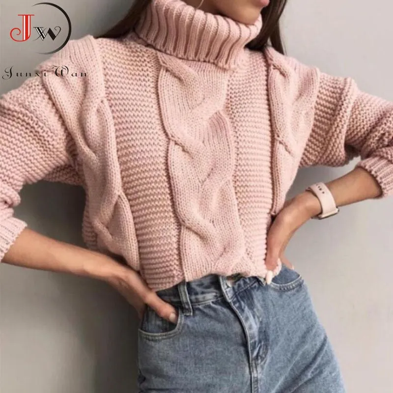 Joskaa Autumn Winter Short Sweater Women Knitted Turtleneck Pullovers Casual Soft Jumper Fashion Long Sleeve Pull Femme