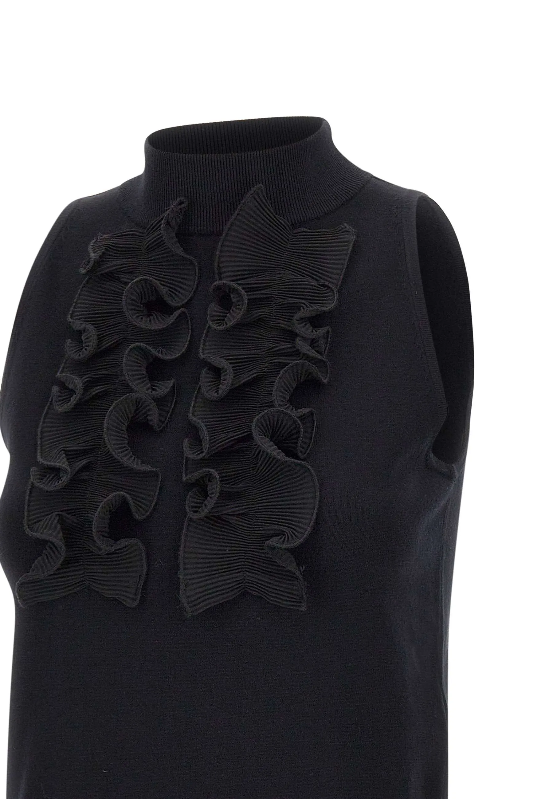 Knitted Black Ruffle Top with High Neck