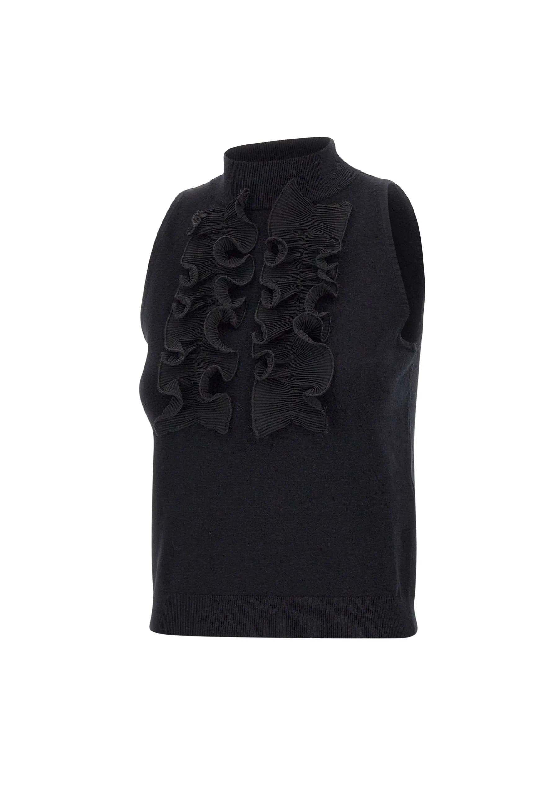 Knitted Black Ruffle Top with High Neck