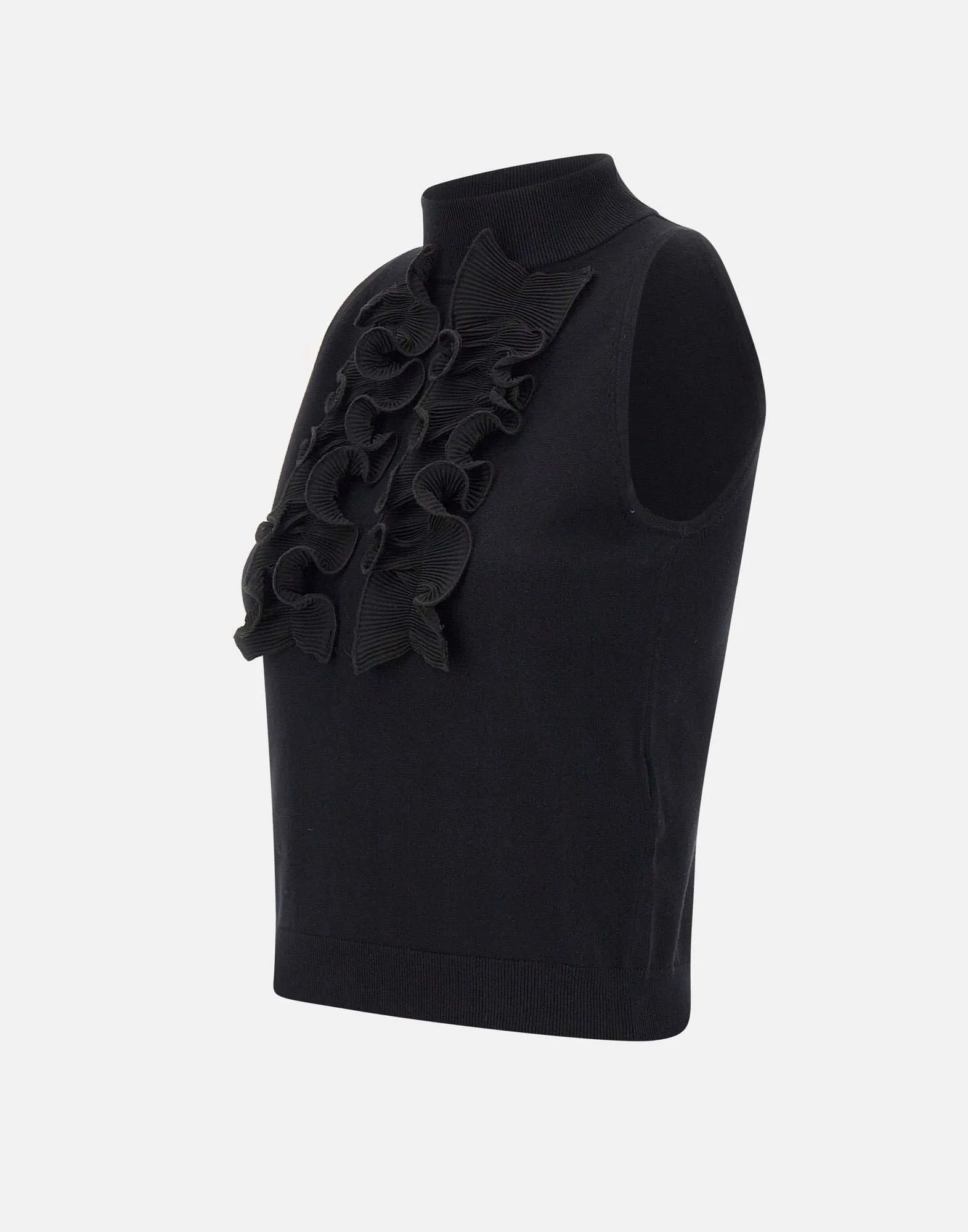 Knitted Black Ruffle Top with High Neck