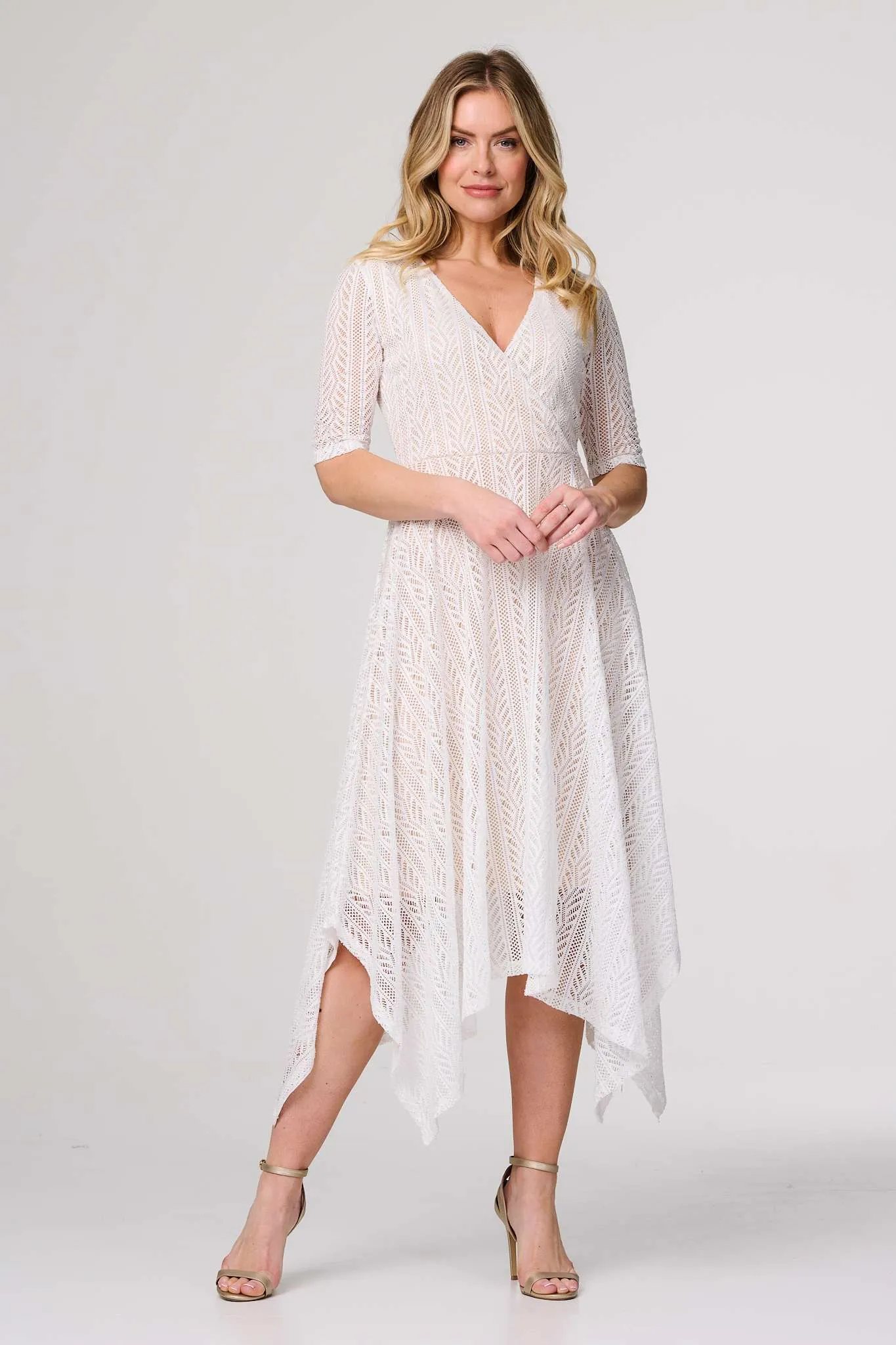 Lace Detail Hanky Hem Midi Wrap Dress