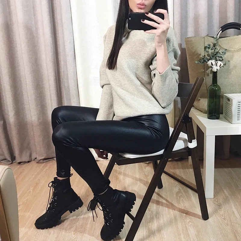 Ladies Winter Warm Thick Velvet Faux Leather Leggings Gothic Legging