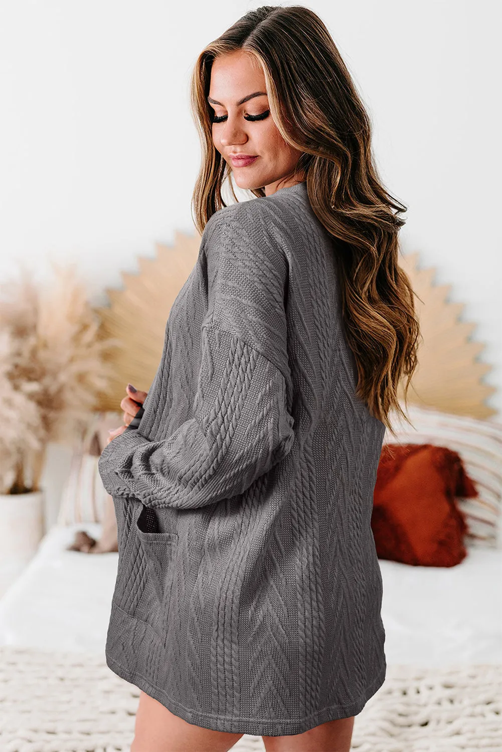 Medium Grey Solid Textured Open Front Cardigan with Pocket