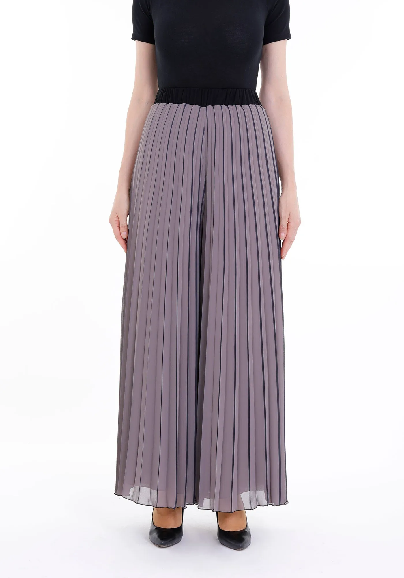 Mink Palazzo Black Striped Pleated Elastic Waist Band Wide Leg Pants