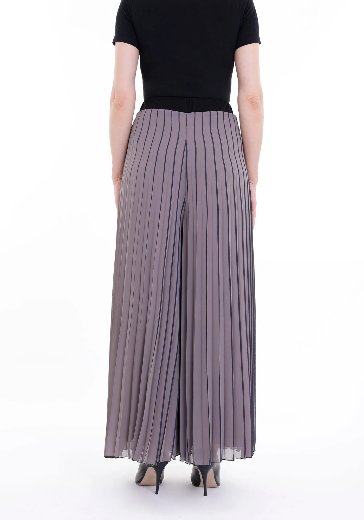 Mink Palazzo Black Striped Pleated Elastic Waist Band Wide Leg Pants