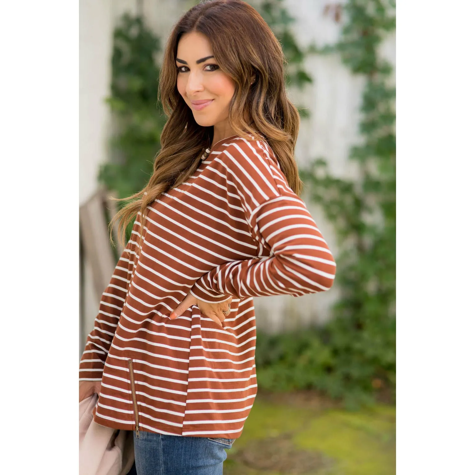 Mixed Stripe Zipper Bottom Sweatshirt