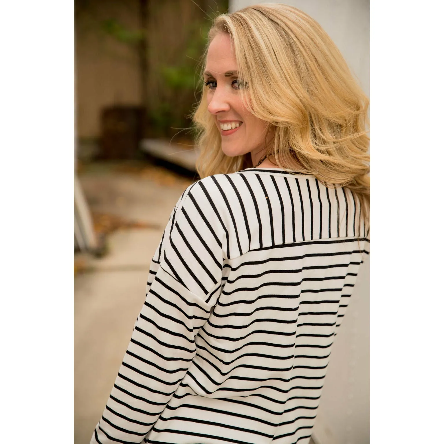 Mixed Stripe Zipper Bottom Sweatshirt