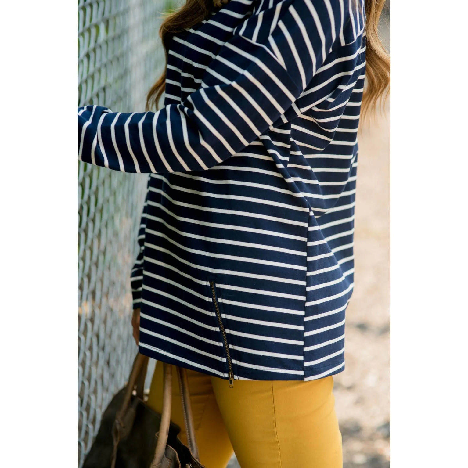 Mixed Stripe Zipper Bottom Sweatshirt