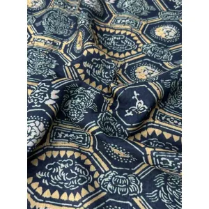 Navy Blue Geometric Pattern Printed Silk Fabric